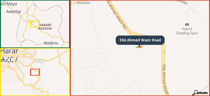Map showing the address of Shk Ahmed Wazir Road in three different zoom levels.