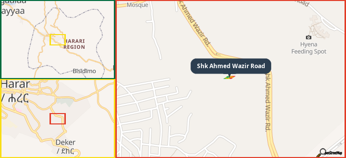 Map showing the address of Shk Ahmed Wazir Road in three different zoom levels.