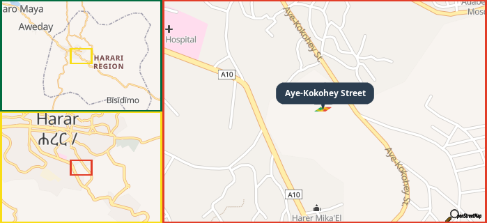 Map showing the address of Aye-Kokohey Street in three different zoom levels.