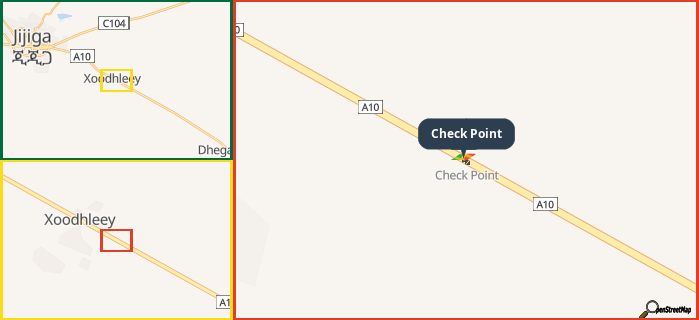 Map showing the address of Check Point in three different zoom levels.