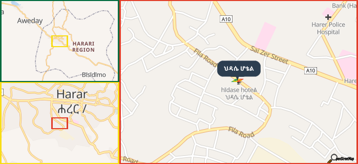 Map showing the address of ህዳሴ ሆቴል in three different zoom levels.