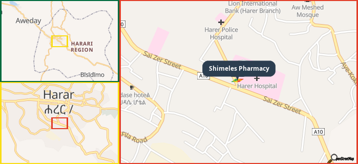 Map showing the address of Shimeles Pharmacy in three different zoom levels.