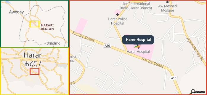Map showing the address of Harer Hospital in three different zoom levels.