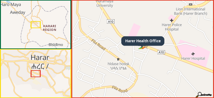 Map showing the address of Harer Health Office in three different zoom levels.