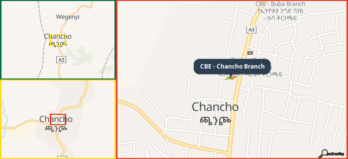 Map showing the address of CBE - Chancho Branch in three different zoom levels.