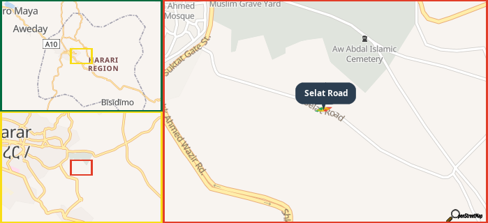 Map showing the address of Selat Road in three different zoom levels.