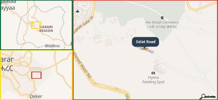 Map showing the address of Selat Road in three different zoom levels.