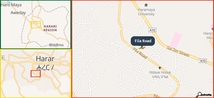 Map showing the address of Fila Road in three different zoom levels.