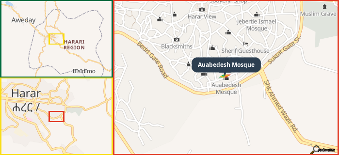 Map showing the address of Auabedesh Mosque in three different zoom levels.