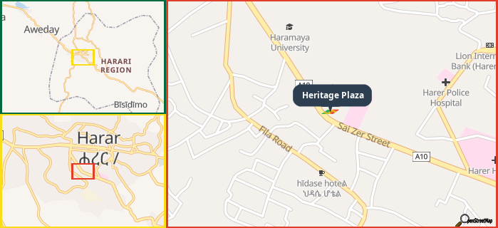Map showing the address of Heritage Plaza in three different zoom levels.