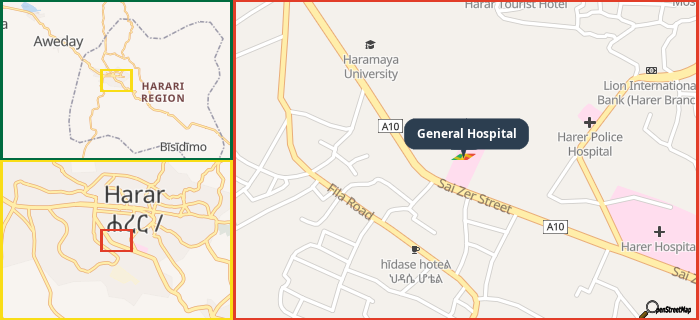 Map showing the address of General Hospital in three different zoom levels.