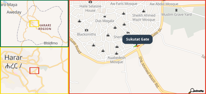 Map showing the address of Sukutat Gate in three different zoom levels.