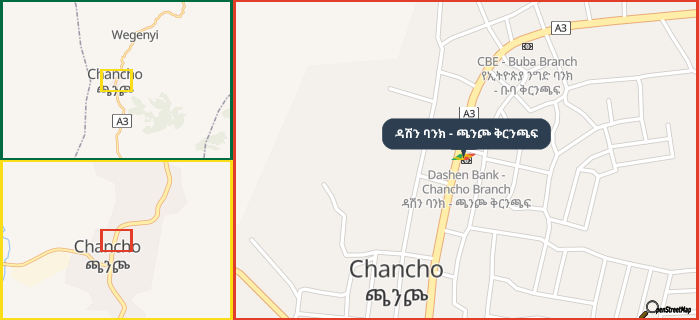 Map showing the address of ዳሽን ባንክ - ጫንጮ ቅርንጫፍ in three different zoom levels.