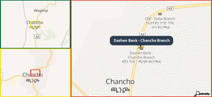 Map showing the address of Dashen Bank - Chancho Branch in three different zoom levels.