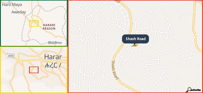 Map showing the address of Shash Road in three different zoom levels.