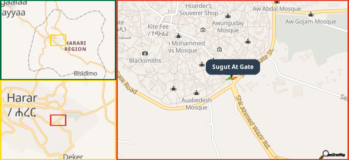Map showing the address of Sugut At Gate in three different zoom levels.