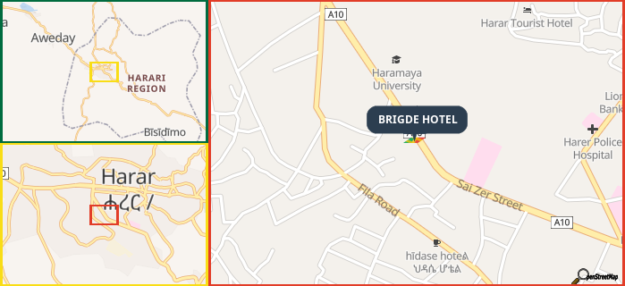 Map showing the address of BRIGDE HOTEL in three different zoom levels.