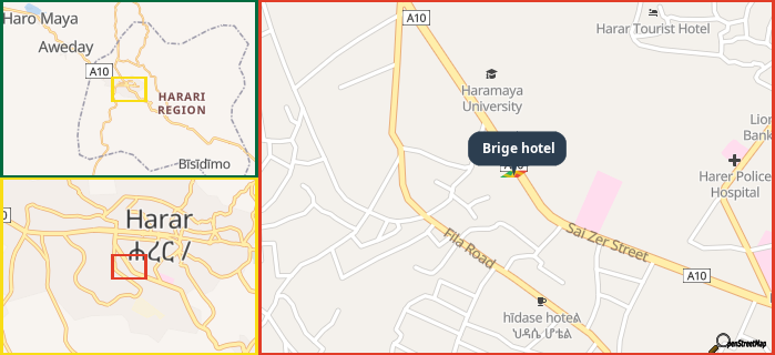 Map showing the address of Brige hotel in three different zoom levels.