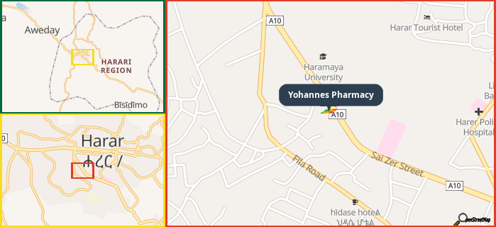 Map showing the address of Yohannes Pharmacy in three different zoom levels.
