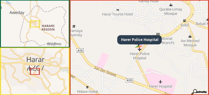 Map showing the address of Harer Police Hospital in three different zoom levels.