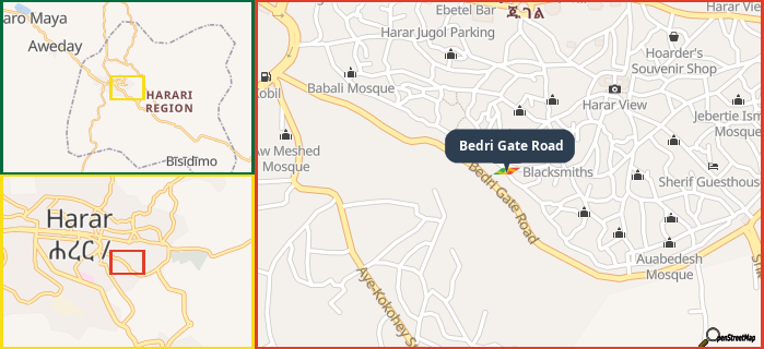 Map showing the address of Bedri Gate Road in three different zoom levels.