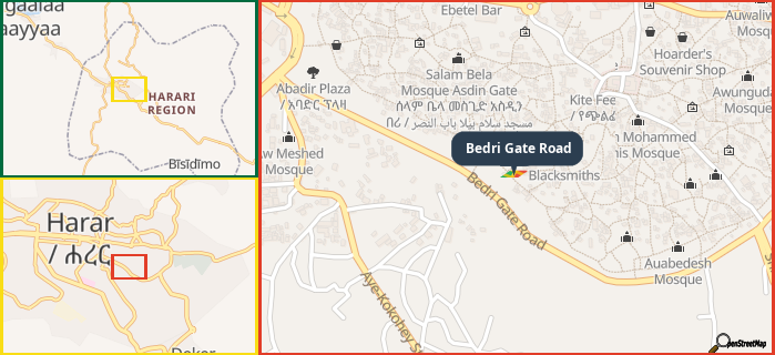 Map showing the address of Bedri Gate Road in three different zoom levels.
