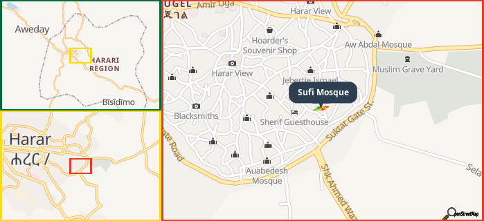 Map showing the address of Sufi Mosque in three different zoom levels.