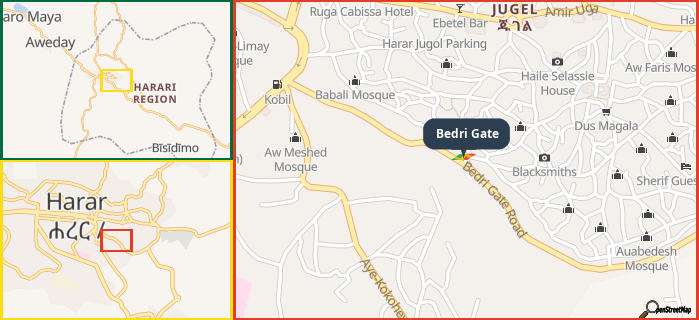 Map showing the address of Bedri Gate in three different zoom levels.