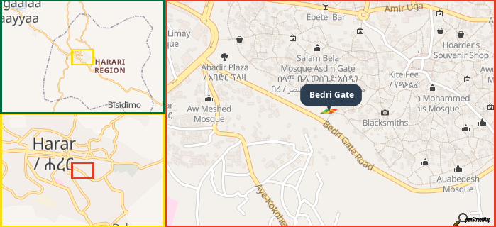 Map showing the address of Bedri Gate in three different zoom levels.