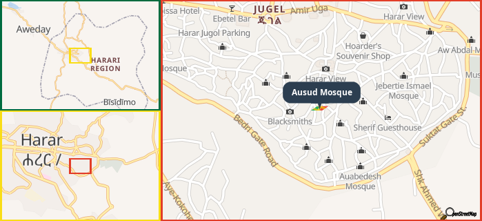 Map showing the address of Ausud Mosque in three different zoom levels.