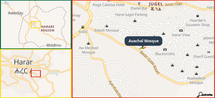 Map showing the address of Auachal Mosque in three different zoom levels.
