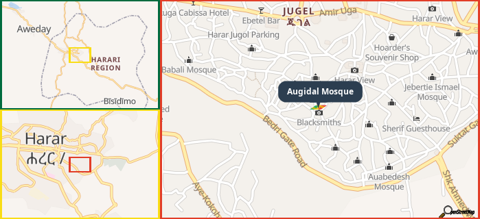 Map showing the address of Augidal Mosque in three different zoom levels.