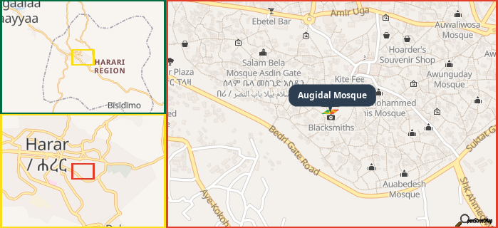 Map showing the address of Augidal Mosque in three different zoom levels.