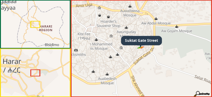 Map showing the address of Suktat Gate Street in three different zoom levels.