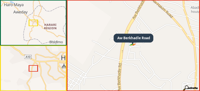 Map showing the address of Aw Berkhadle Road in three different zoom levels.