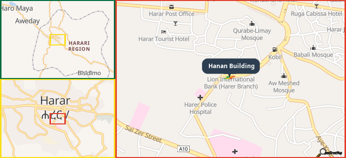 Map showing the address of Hanan Building in three different zoom levels.