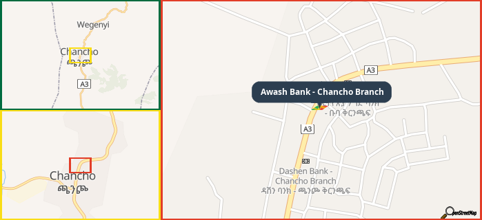 Map showing the address of Awash Bank - Chancho Branch in three different zoom levels.