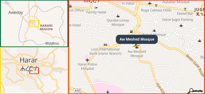 Map showing the address of Aw Meshed Mosque in three different zoom levels.
