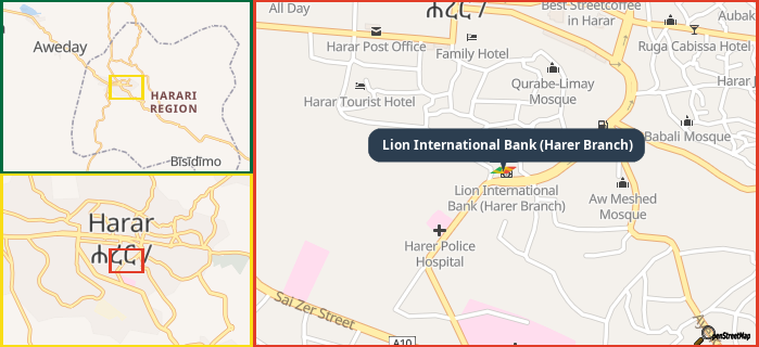 Map showing the address of Lion International Bank (Harer Branch) in three different zoom levels.