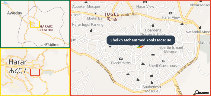 Map showing the address of Sheikh Mohammed Yonis Mosque in three different zoom levels.