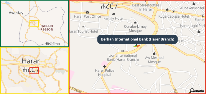 Map showing the address of Berhan International Bank (Harer Branch) in three different zoom levels.