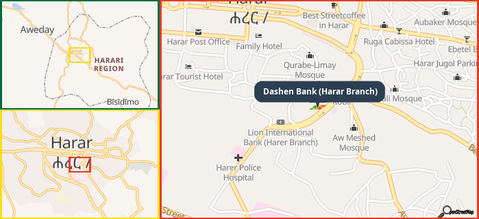 Map showing the address of Dashen Bank (Harar Branch) in three different zoom levels.