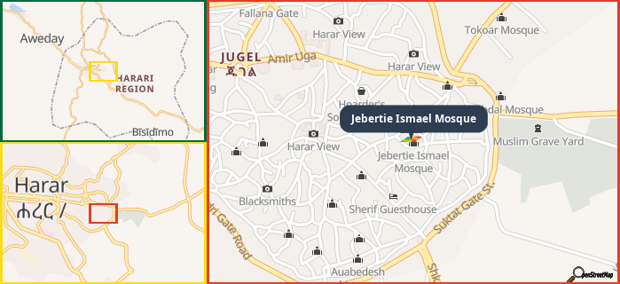Map showing the address of Jebertie Ismael Mosque in three different zoom levels.