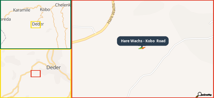Map showing the address of Hare Wachs - Kobo  Road in three different zoom levels.