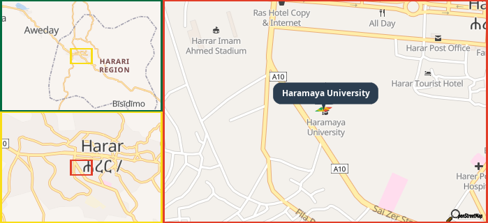 Map showing the address of Haramaya University in three different zoom levels.