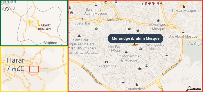 Map showing the address of Mufaridge ibrahim Mosque in three different zoom levels.
