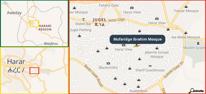 Map showing the address of Mufaridge ibrahim Mosque in three different zoom levels.
