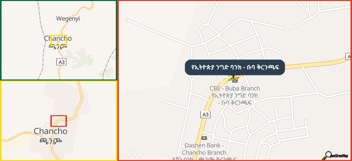Map showing the address of የኢትዮጵያ ንግድ ባንክ - ቡባ ቅርንጫፍ in three different zoom levels.