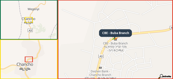 Map showing the address of CBE - Buba Branch in three different zoom levels.