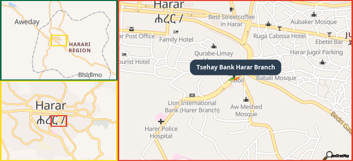 Map showing the address of Tsehay Bank Harar Branch in three different zoom levels.